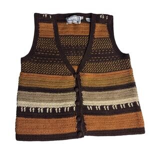 Vintage Needleworks Cotton Knit Vest Small Grannycore Boho Striped Earth Tones